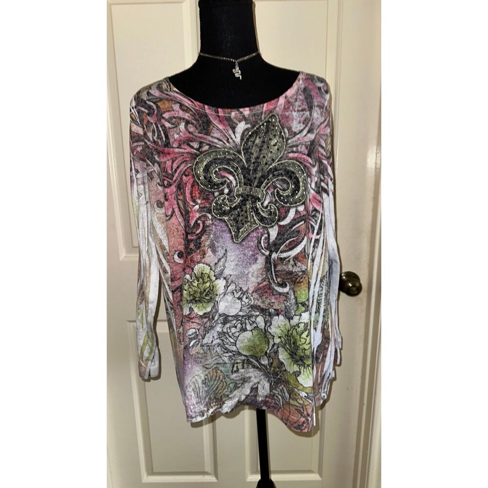 Lane Bryant y2k LONG SLEEVE FLEUR DE LIS W/WINGS &RHINESTONES mcbling top size1x - Picture 3 of 9